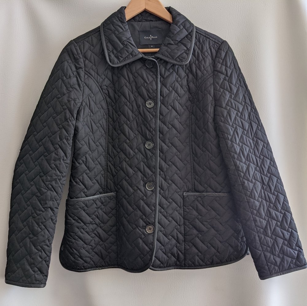 Cole Haan Black Quilted Leather Trim Lined Button Up Jacket - M